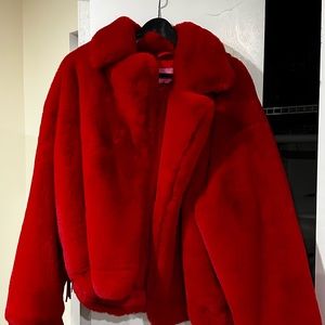 The AKIRA Label Time To Shine Fringe Faux Fur Coat In Red.